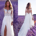 Long Sleeve Sheer Lace Wedding Bridesmaid Dress with Slit Long Skirt