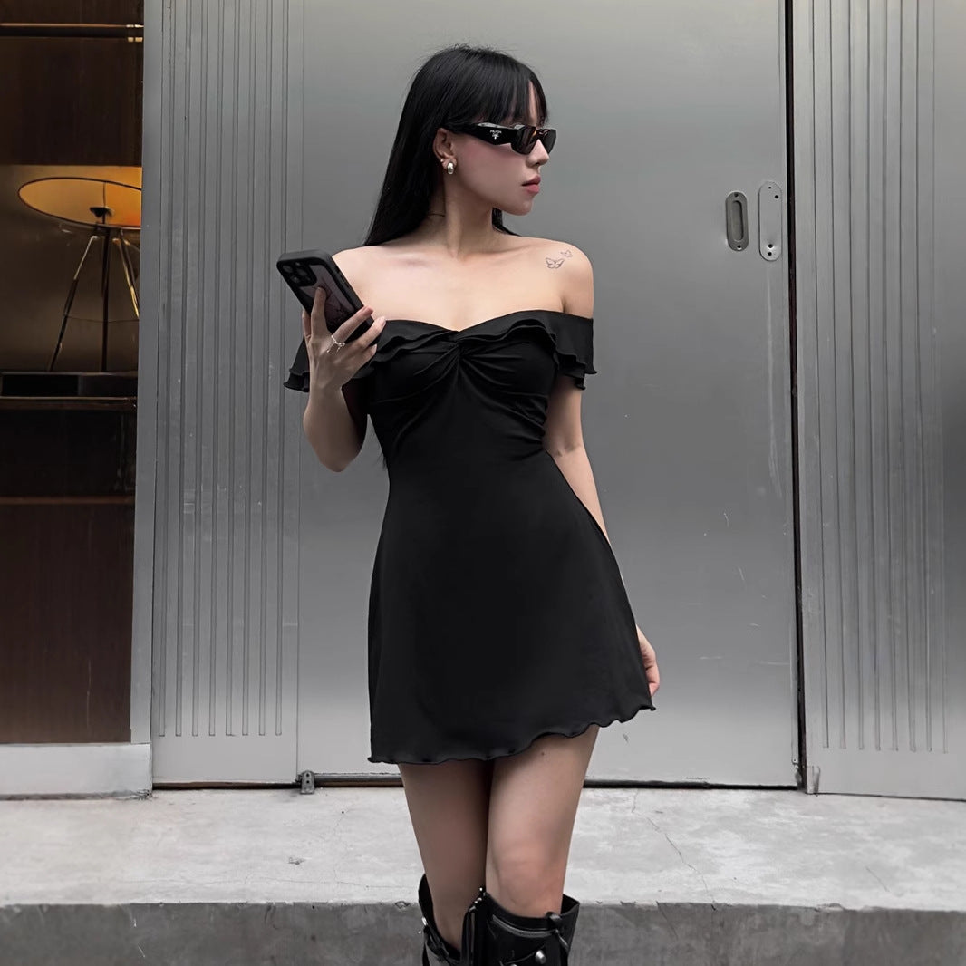 Sweet and Cool Style Ruffled V-Neck Bust Pleated Dress with Sexy Shoulder-Baring Design