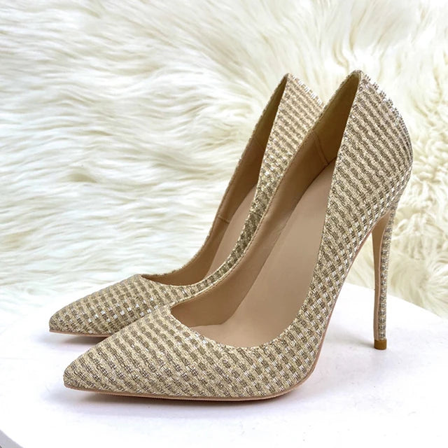 Plaid Glitter Gold Sequined Women's Pointy Toe High Heels Classic Wedding Party Shoes Shiny Bling Slip On Stiletto Pumps