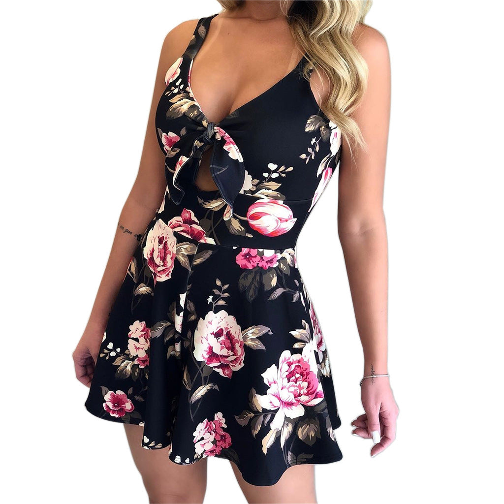 New Sexy Strappy Bow-Tied Print Loose Fit Romper Shorts