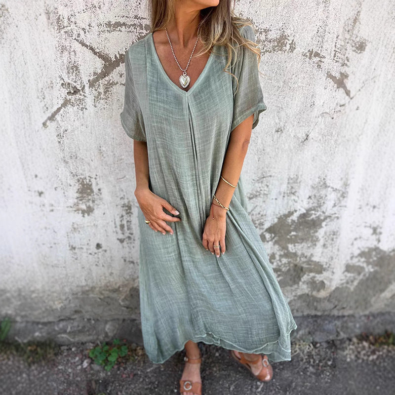 Fashionable cotton and linen V-neck semi formal dress