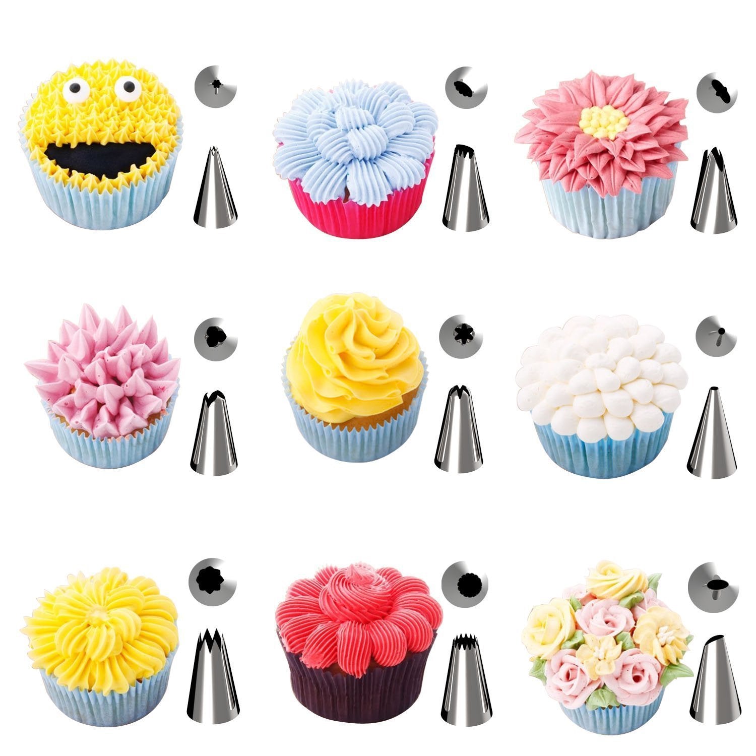 Conjunto de 72 peças numeradas de bicos de pasteleiro, incluindo saco de pasteleiro e utensílios para decoração de bolos e doces.