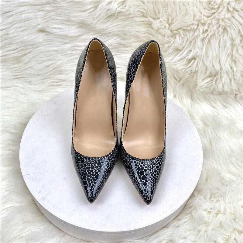 Tikicup Geometric Pattern Print Women's Black Patent Pointy Toe High Heel Celebrity Party Shoes Sexy Slip-On Stiletto Pumps