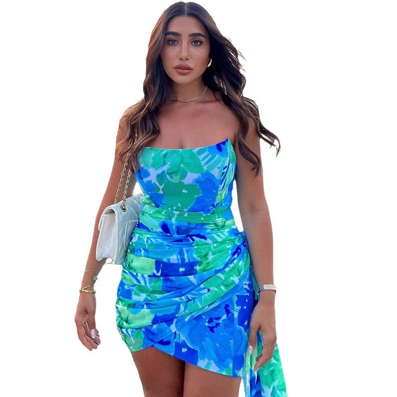 One-Shoulder Printed Sleeveless Pleated Dress