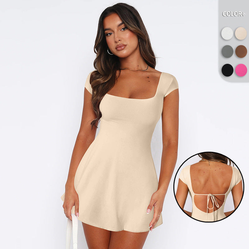 Women's Square Neck Short Sleeve Mini A-Line Dress Sexy Pure