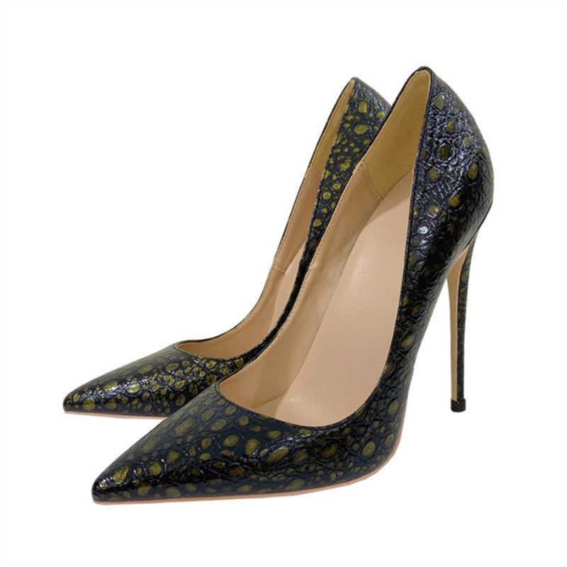 Brown Crocodile Effect Women Sexy Pointy Toe High Heel Party Shoes 12cm 10cm 8cm Slip On Stiletto Pumps Plus Size 45