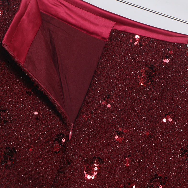 Sequined Red Pencil Skirt High Waist Slim A-Line Anti-See-Through Short Skirt