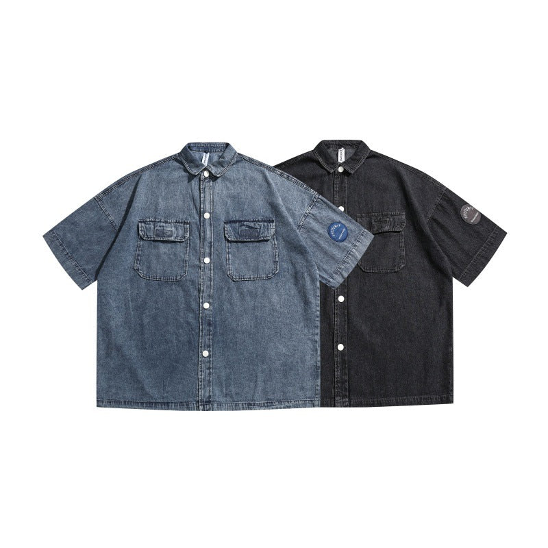 Embroidered loose retro vintage denim short sleeved shirt with patch pockets