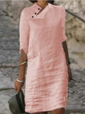 Casual Stand-up Collar Buttoned Linen Cotton Solid Color Mid-length Sleeve Dress