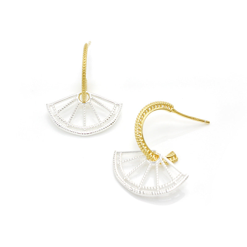 Japanese Style New Lace Hollow Design Sense Silver Hollow Coin Fan Earrings Half-Circle Arc Earrings