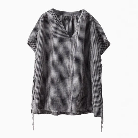 Vintage Color Woven Plaid Hemp Shirt Casual Crew Neck Short Sleeve Blouse Literary Plaid Top