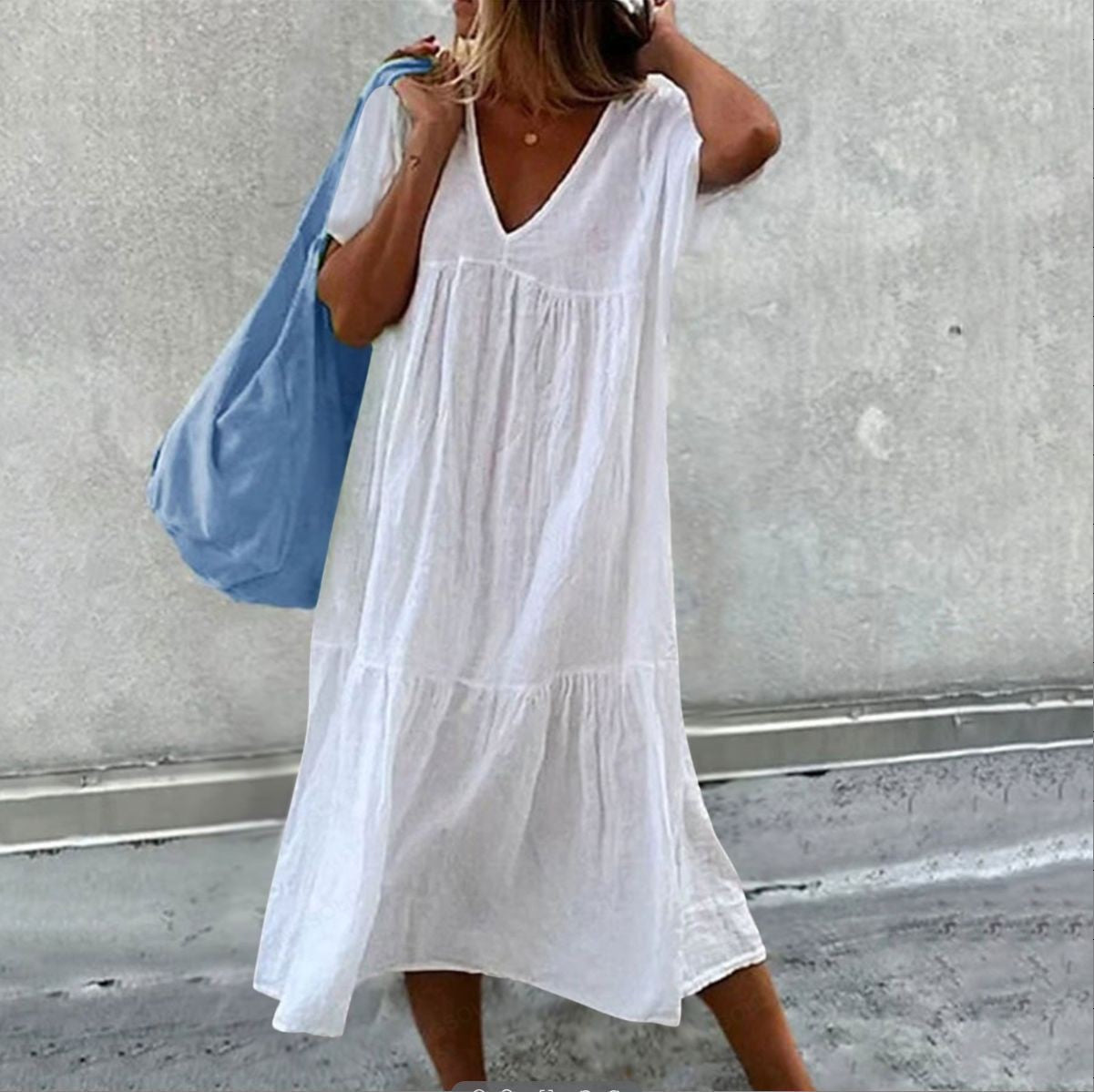 Chic Cotton Linen Mid-Length Dress for Women Round Neck Short Sleeve Casual Style