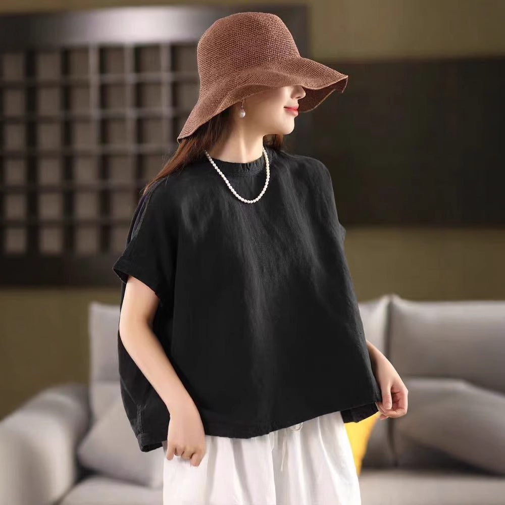 Heavyweight Hemp Blouse Shirt Casual Loose Mid-Sleeve Pullover Literary White Slimming