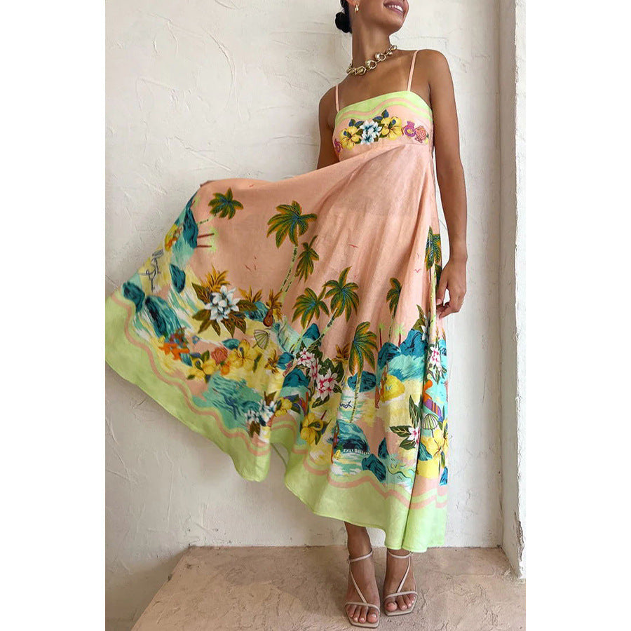 Elegant Strapless Printed Casual Dress INS Loose High-Waisted Vacation Dress
