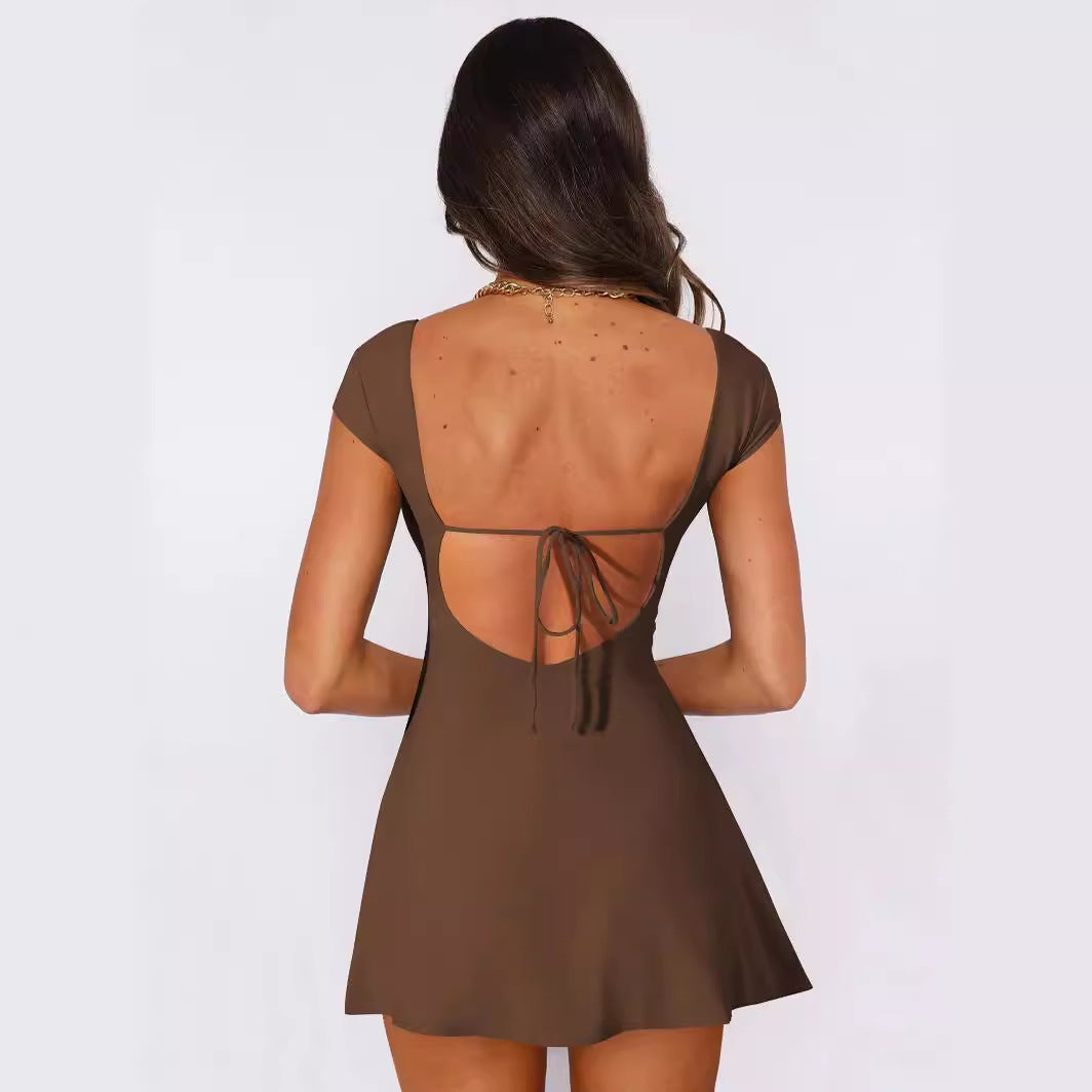 Women's Square Neck Short Sleeve Mini A-Line Dress Sexy Pure