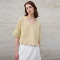 Olive Green Hemp Top Loose Large Size Five-Quarter Sleeve Women's Summer Cotton Linen Mid-Sleeve T-Shirt