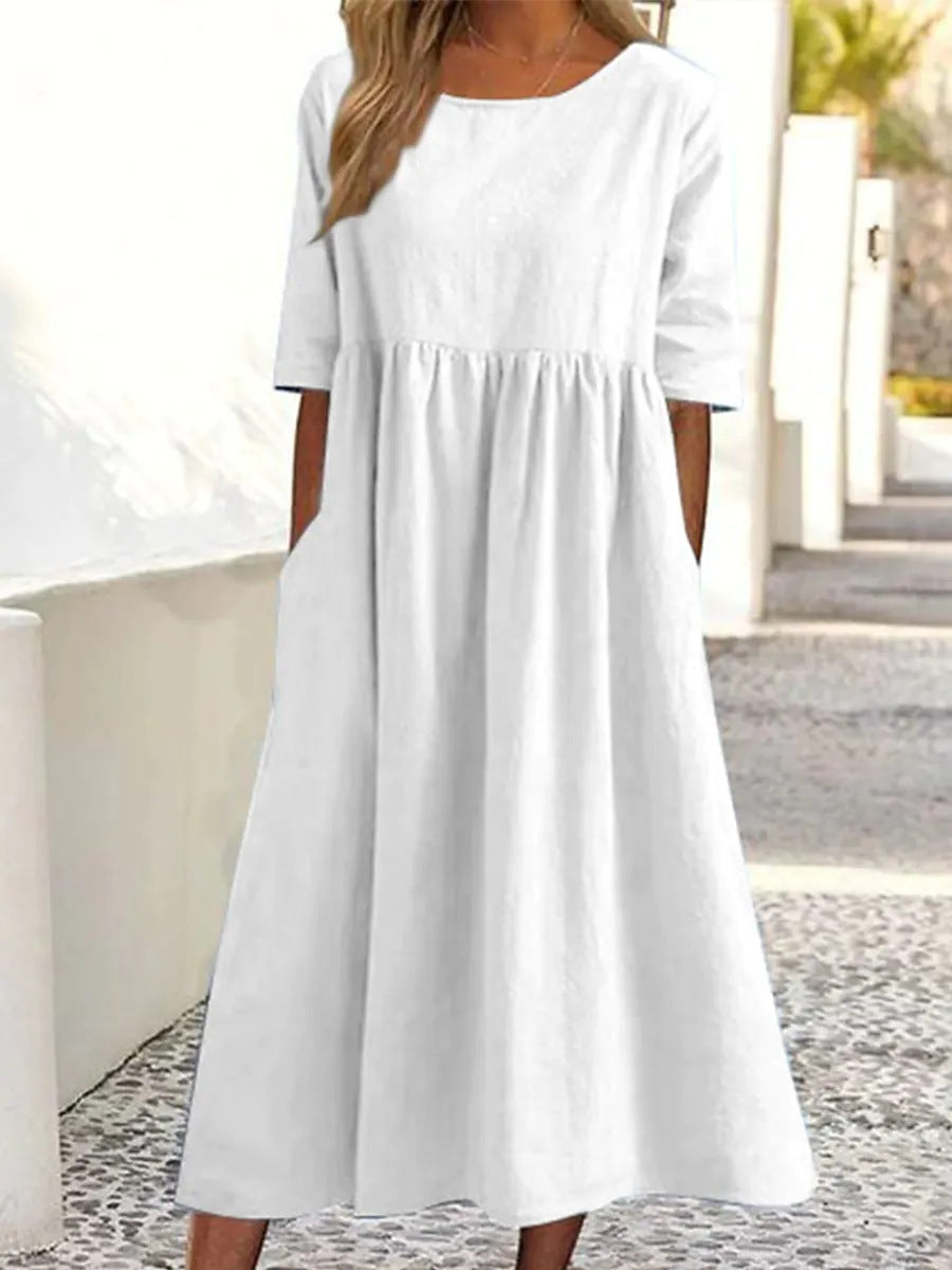 Casual Cotton Linen Short Sleeve Pocket Pleated Loose Round Neck Dress
