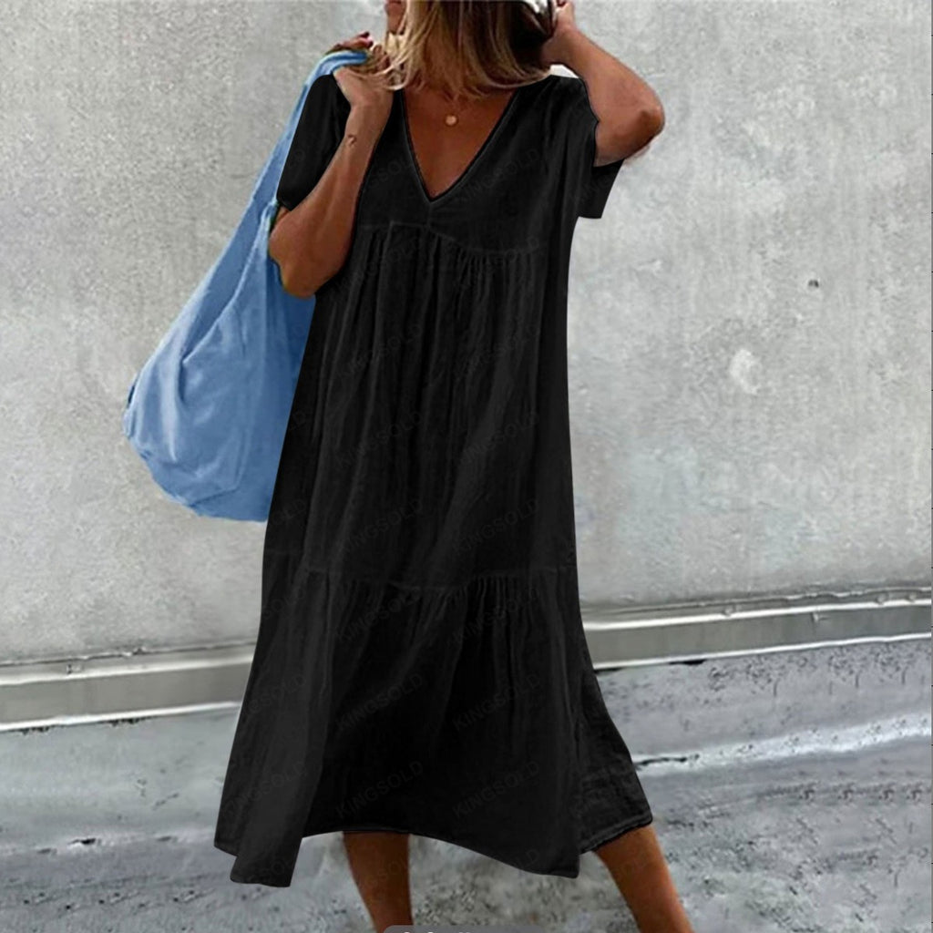Chic Cotton Linen Mid-Length Dress for Women Round Neck Short Sleeve Casual Style