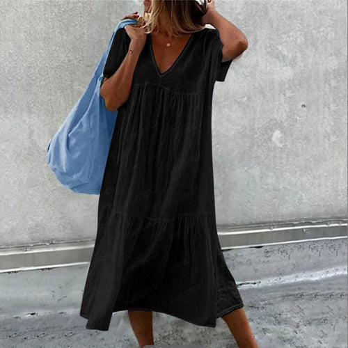 Chic Cotton Linen Mid-Length Dress for Women Round Neck Short Sleeve Casual Style