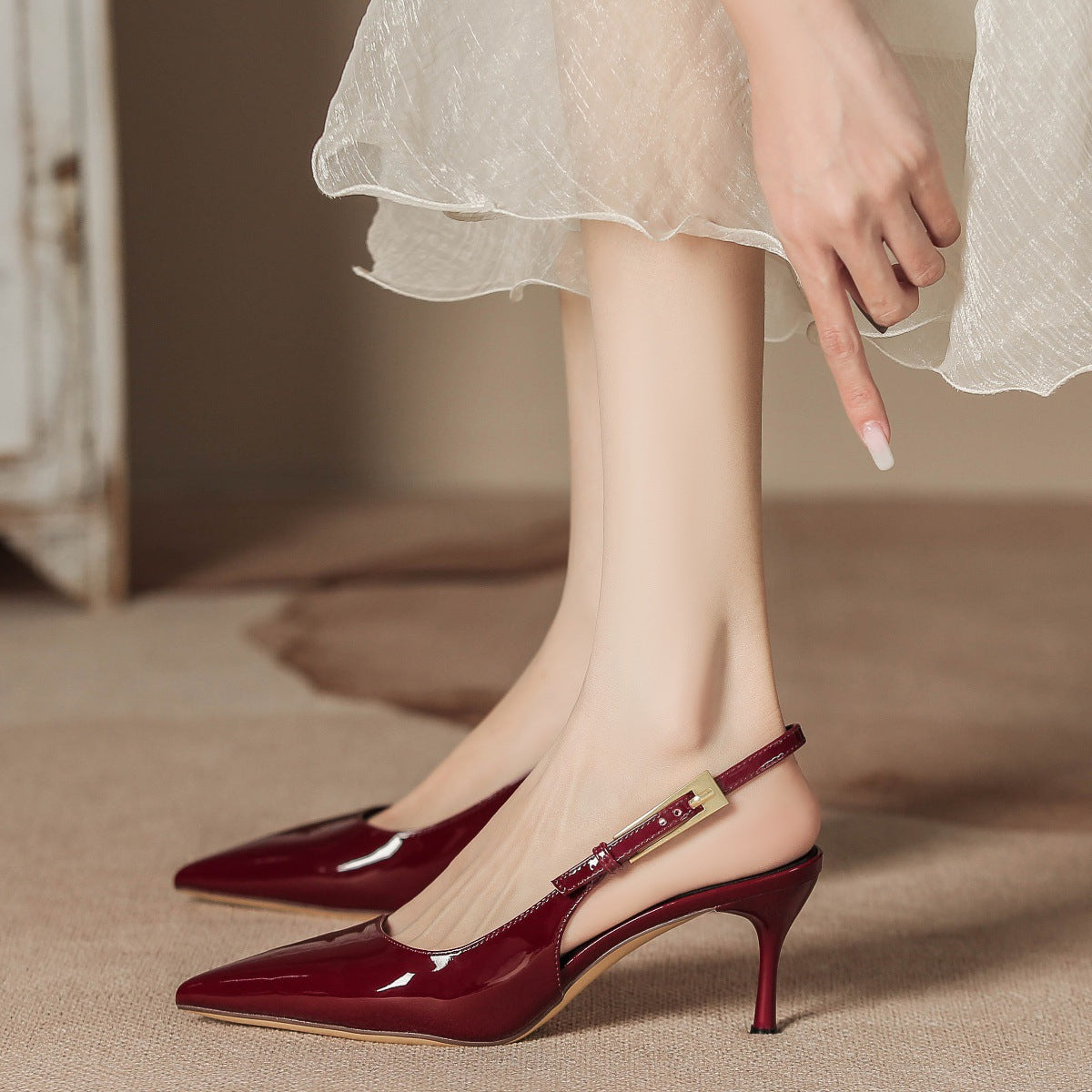 Women's High Heel Pointed Toe Stiletto Ankle Strap Pumps, Sexy Ladylike Red Patent Leather Open-Toe Shoes