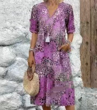 Fashionable Style Printed Lace Trimmed V-Neck Short Sleeve Dress