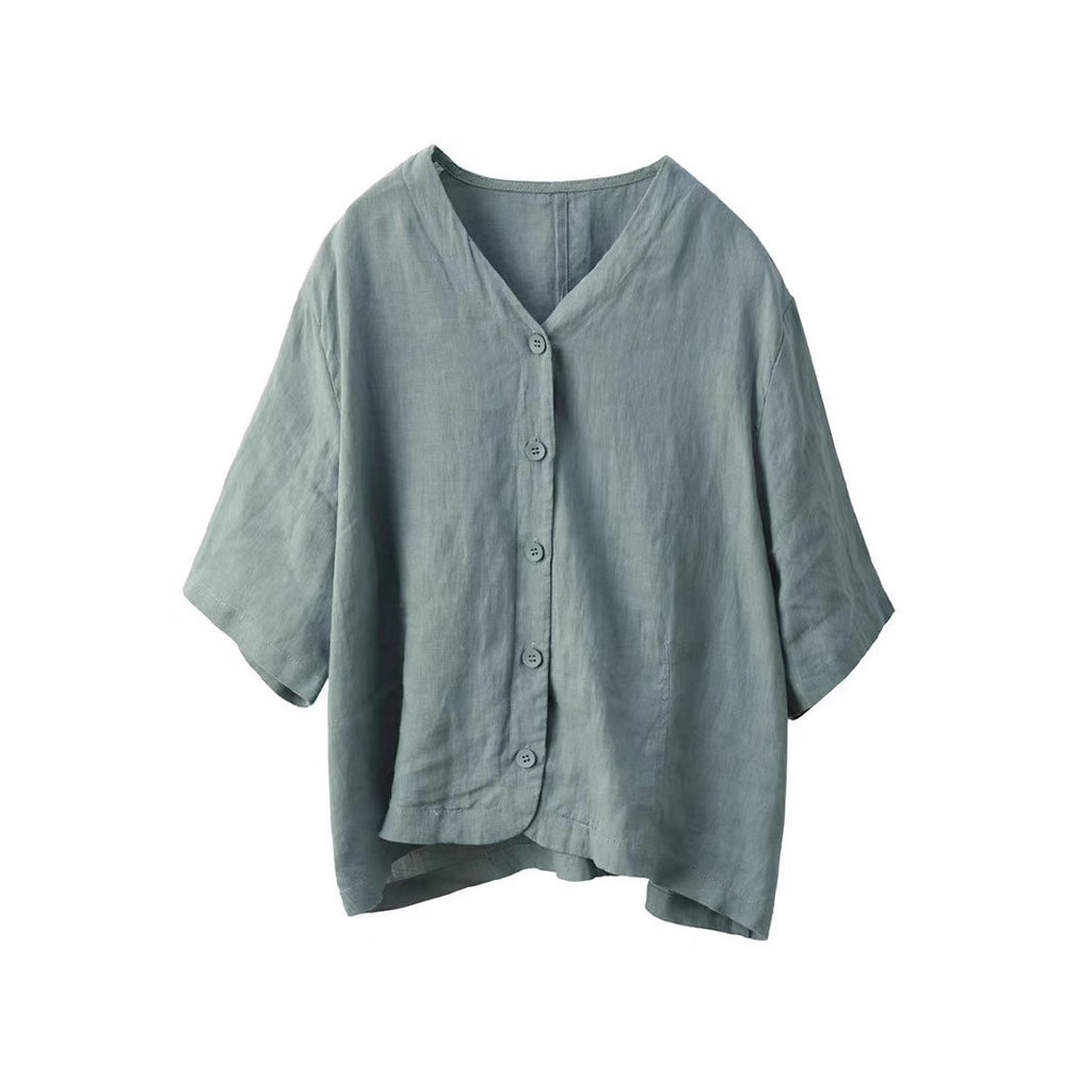 Vintage Thick Hemp Shirt V-Neck Mid-Sleeve Single-Breasted Jacket Casual Open Cardigan Top