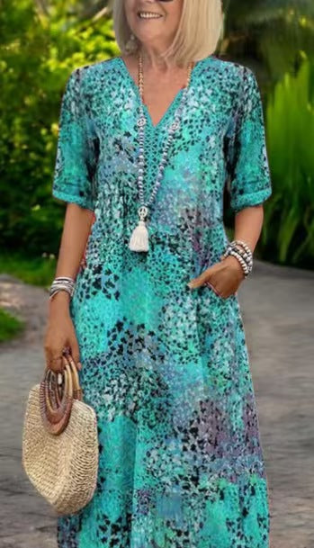 Fashionable Style Printed Lace Trimmed V-Neck Short Sleeve Dress