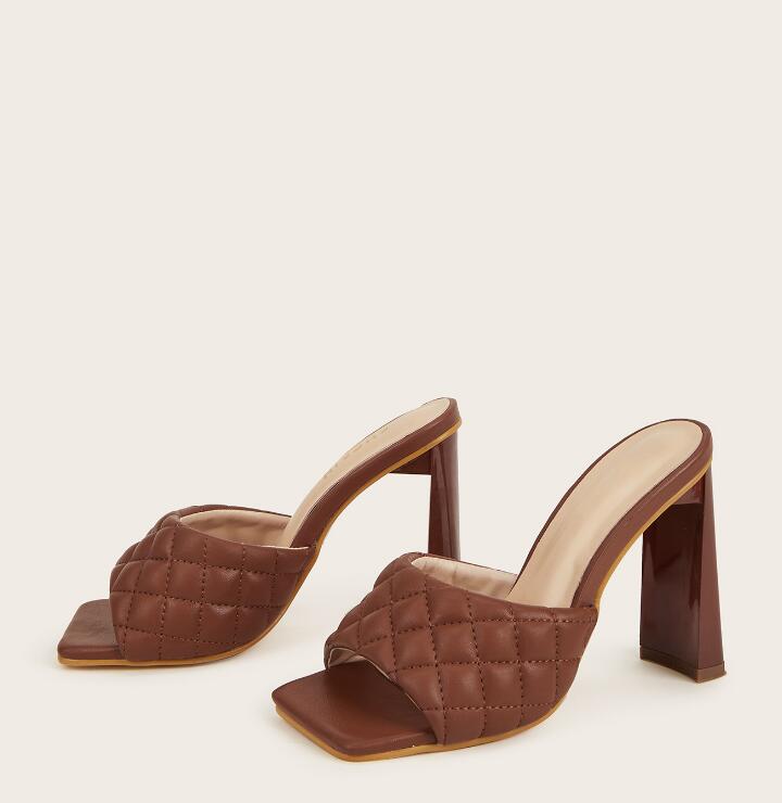 Summer Comfortable Soft Pu Leather Women Mules Slippers Outdoor Fashion Square Head High Heels Party Female Shoes