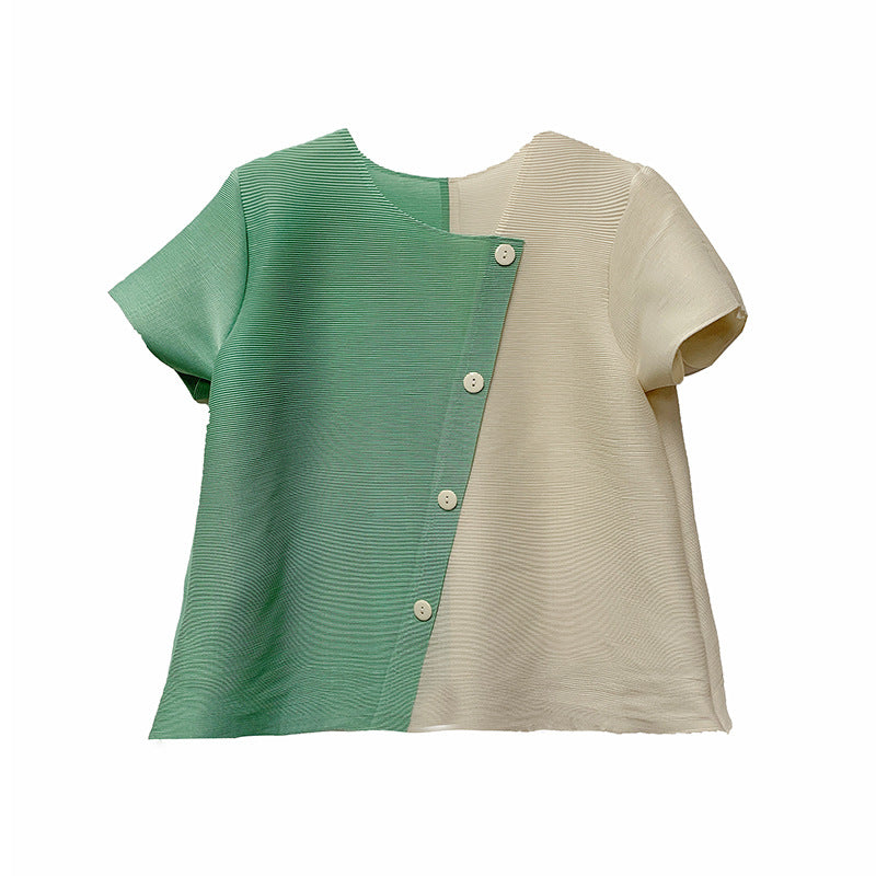 Pleated Color-Blocking Top Summer Half-Sleeved Loose Large Size Small Shirt Contrast Color T-Shirt Short Style