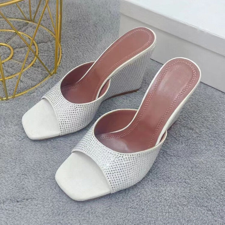 Women's Summer Crystal-embellished Sandals Sexy Peep Toe Wedge Heel Mules Slip-on High Heel Slippers Ladies Bling Party Shoes