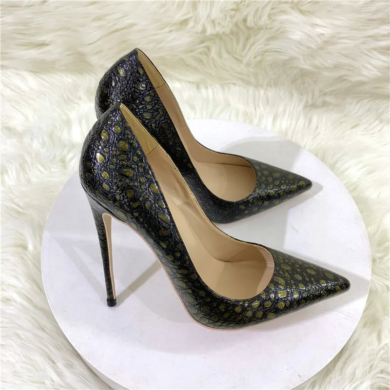 Brown Crocodile Effect Women Sexy Pointy Toe High Heel Party Shoes 12cm 10cm 8cm Slip On Stiletto Pumps Plus Size 45