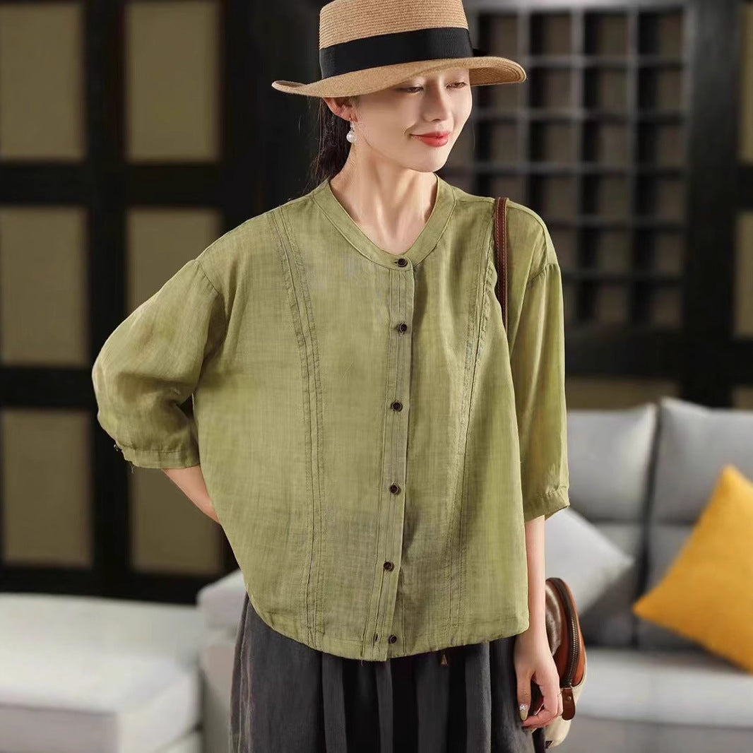 Chic Single-Breasted Seven-Quarter Sleeve Blouse for Women with Dyed Ramie Double Yarn Non-See-Through Fabric