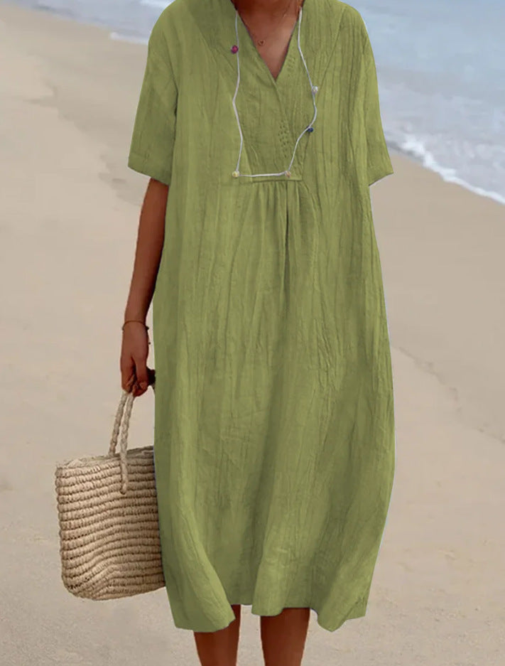 Women's Casual Slimming Pure Colour Linen Cotton Dress, Versatile and Fashionable