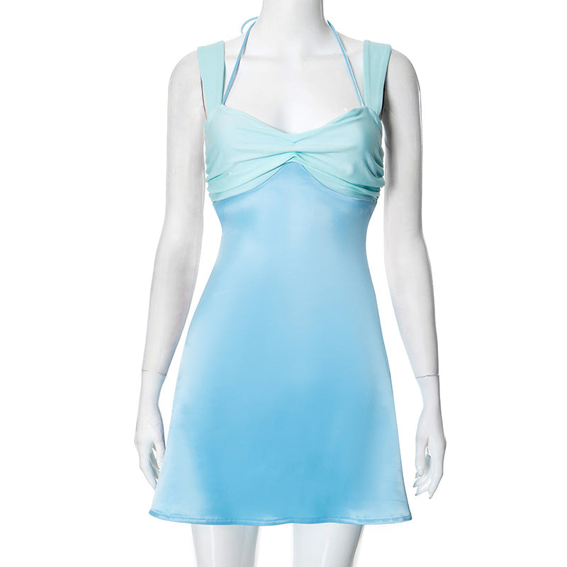 Hanging neck tie backless vacation dress for women