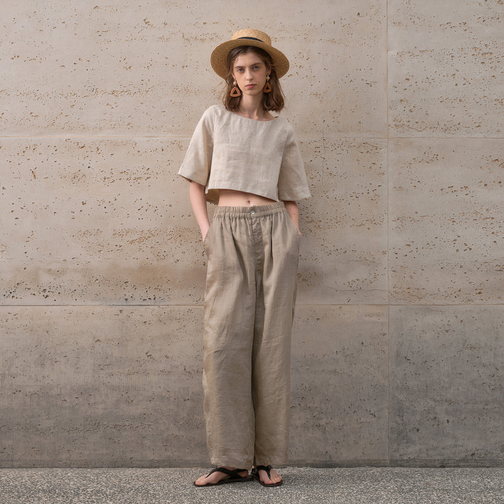 Elegant Pure Linen T-Shirt Women Loose Round Neck Mid-Sleeve Summer Crop Top French Commuting Short Style Short Sleeve Tee