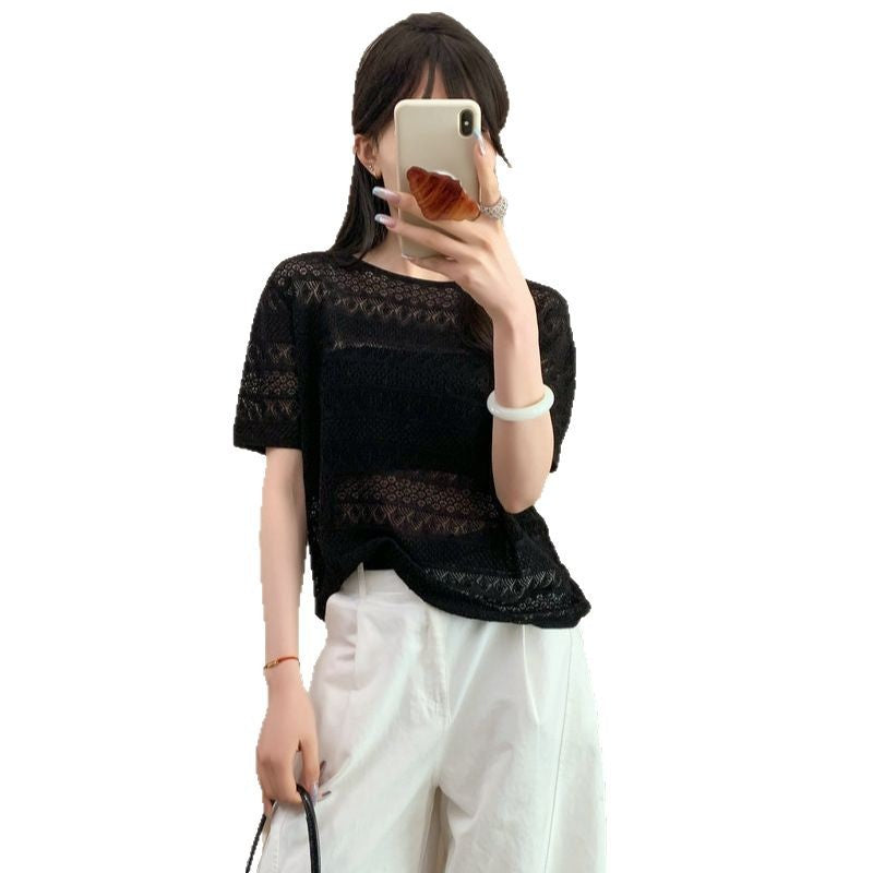 Hollow Floral Knit T-Shirt Women's Loose Fit Short Sleeve Top