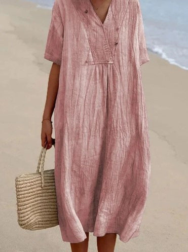 Women's Casual Slimming Pure Colour Linen Cotton Dress, Versatile and Fashionable