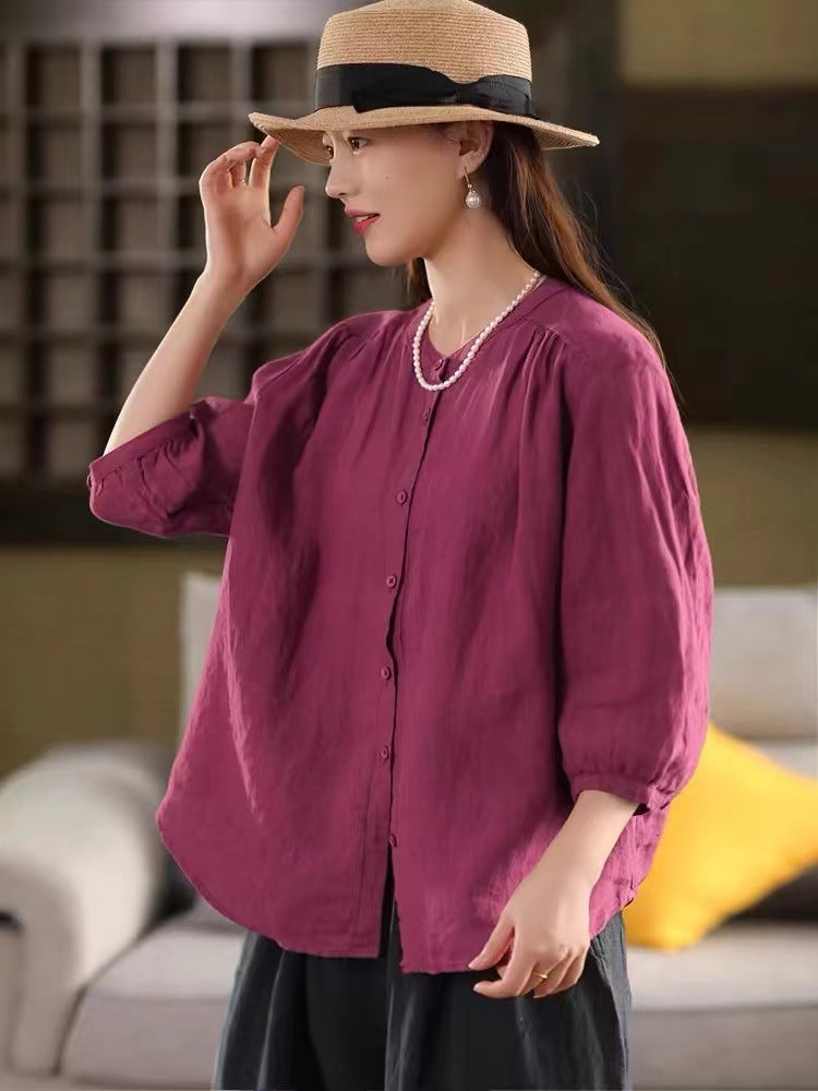 Literary Single-Breasted Linen Blouse Women Short Sleeve Cardigan Loose Slim Fit Versatile Top