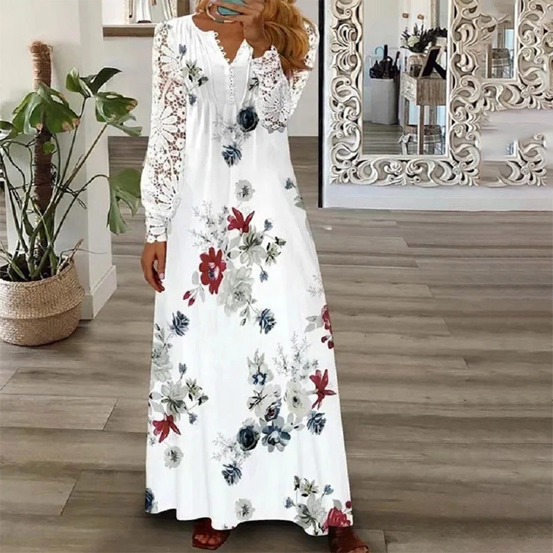 Fashion Printed Ruffle Long Sleeve Dress for Women Casual Summer Style Elegant Floral Design, One-Piece Dress
