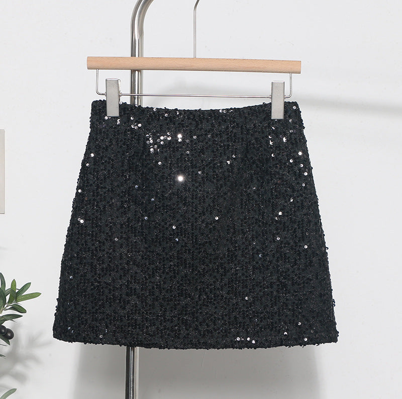 Sparkling woolen sequin one-step hip hugging skirt
