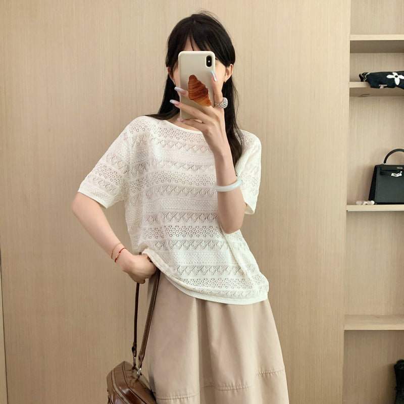Hollow Floral Knit T-Shirt Women's Loose Fit Short Sleeve Top