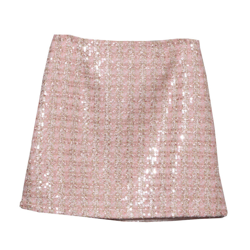 Sparkling woolen sequin one-step hip hugging skirt