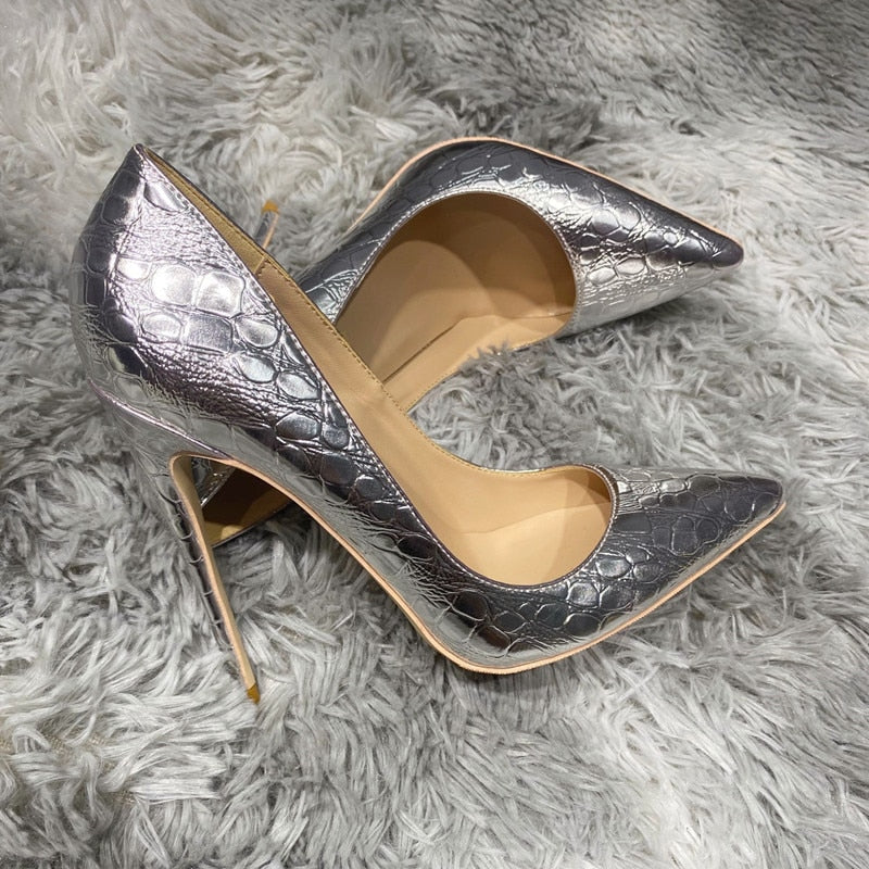 Silver Crocodile-Effect Women Sexy Pumps 8cm 10cm 12cm Pointed Toe High Heels Fashion Ladies Wedding Shoes Size 33-45