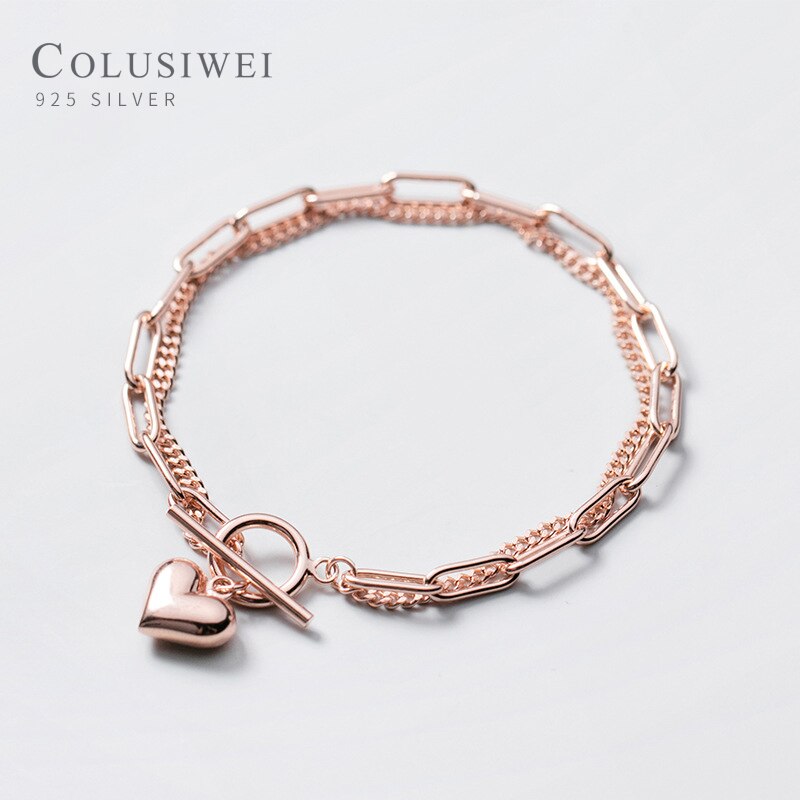 Colusiwei High-Quality 925 Sterling Silver Romantic Hearts Double Layer Chain Geometric Bracelet Bangle for Women Fine Jewelry