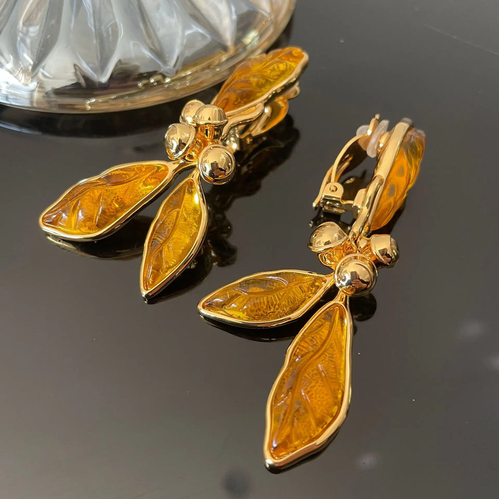 Retro style leaf tassel ear clip without ear hole earrings and earrings