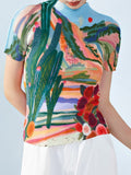 Printed Pleated T-shirt For Women Turtleneck Short Sleeves Slim Fashion Tops Female Clothing Summer