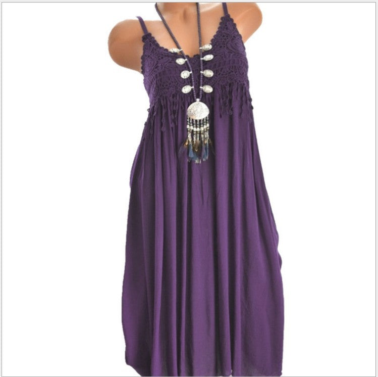 Sexy Lace Spliced Solid Color Mid-Length Strap Dress