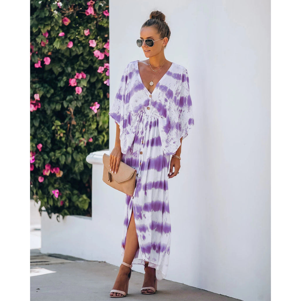 Tie-Dye Loose Dress with Belt for Home Leisure and Casual Wear