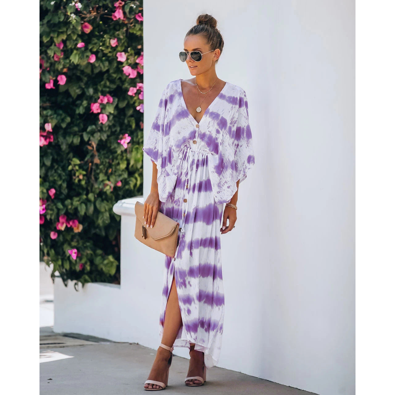 Tie-Dye Loose Dress with Belt for Home Leisure and Casual Wear