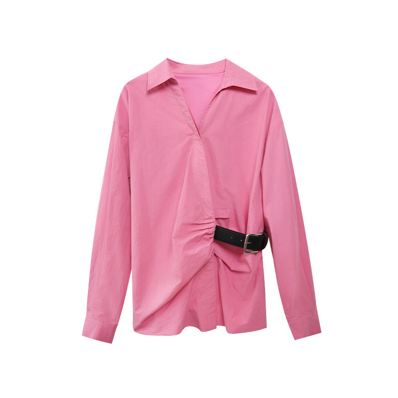 Women's waist-cinched long-sleeved shirt